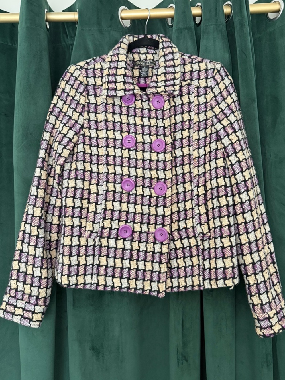 VERTIGO PARIS Vintage Tweed Cropped Jacket Purple Buttons Double Breasted Size M